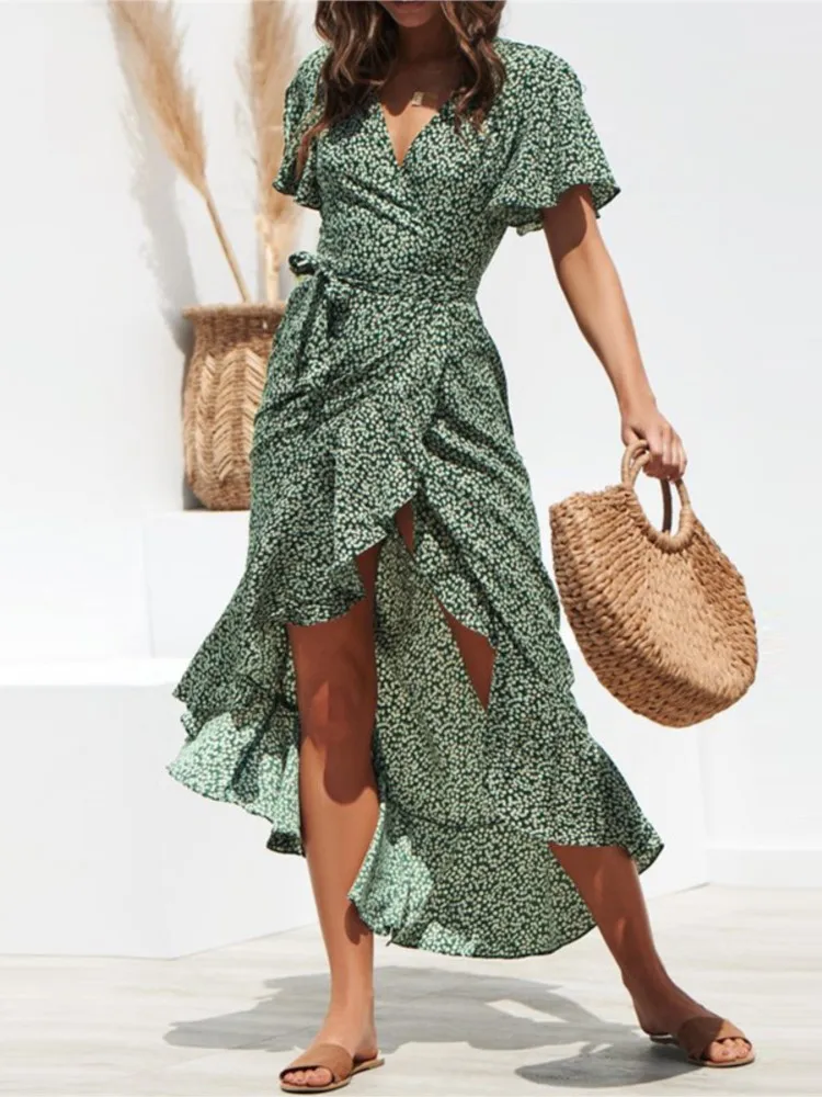 Women's Dress Solid Color Floral Ruffle Short Sleeve High Slit Lace Up Robe Summer Casual Vacation Beach Party Fashion Vestidos