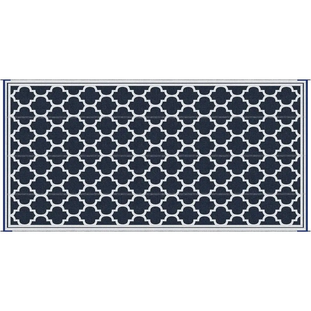 Portable 9x18' Reversible Outdoor Rug - Waterproof Plastic Mat for RV, Camping, Backyard, Deck, Picnic, Beach - Blue & White