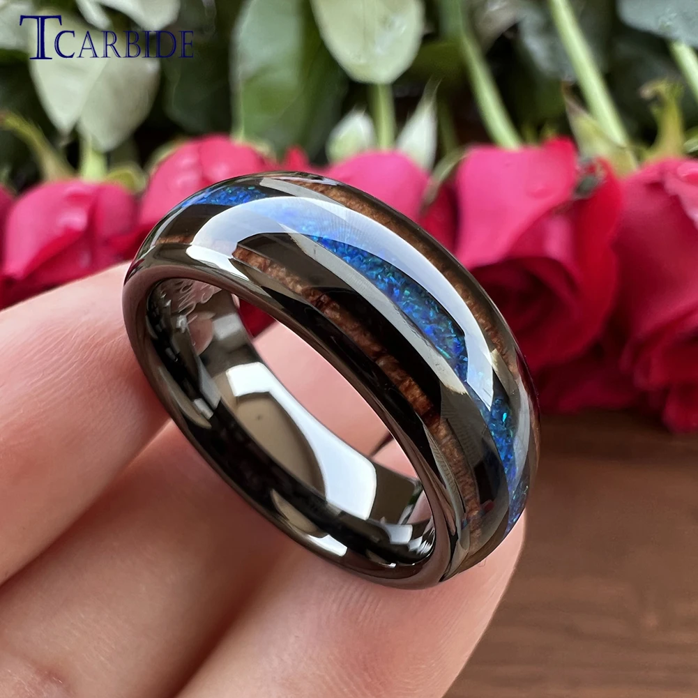 8MM Men Women Black Tungsten Wedding Band Nice Wood Opal Ring Domed Grooved Polished Finish Comfort Fit