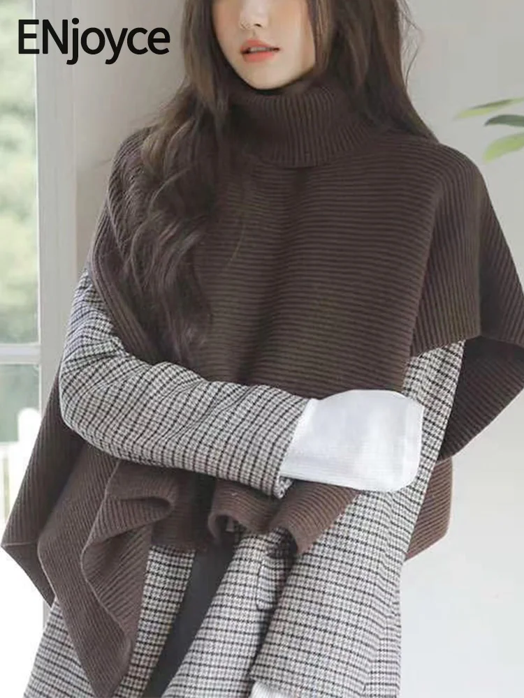 

ENjoyce Fall Winter Women Cashmere High Collar Wool Knit Scarf Korean Fashion Knitted Sweater Cloak Shawl Coat Scarves Knitwear