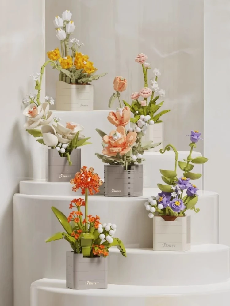 Blocs de construction floraux : Rose, Lotus, Lys, Marguerite, Œillet, Fleurs Orientales, Bouquet de plantes éternelles, Jouet