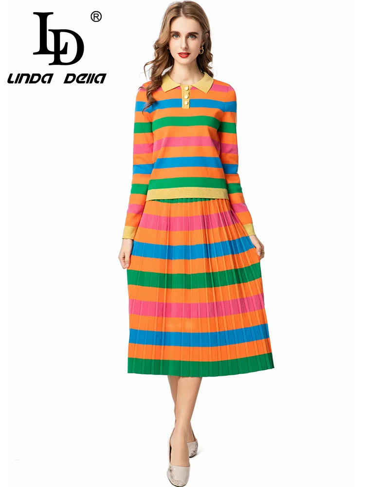 

LD LINDA DELL Printed Knitted Color Striped Casual Commuting Date Long Sleeve Round Neck Women's Fashion Two Piece Set