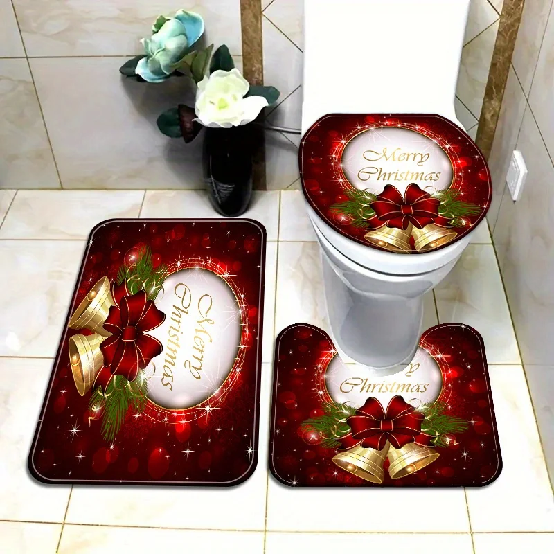 

Christmas Element Jingle Bells Soft Carpet Bathroom 3Pcs/set Mat Home Flannel Decoration and Accessories Floor Rug Toilet Cover