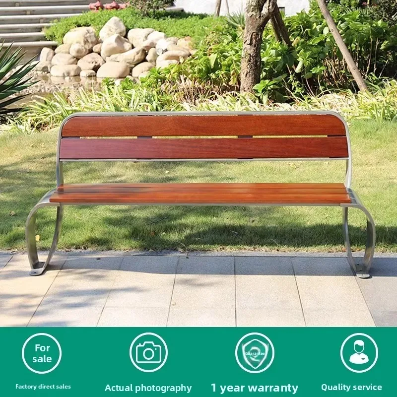 مقعد حديقة خارجي حديث طويل من الخشب الصلب مربع من سبائك الألومنيوم كرسي بارك مسند ظهر من الفولاذ المقاوم للصدأ للاستخدام الخارجي في الفناء