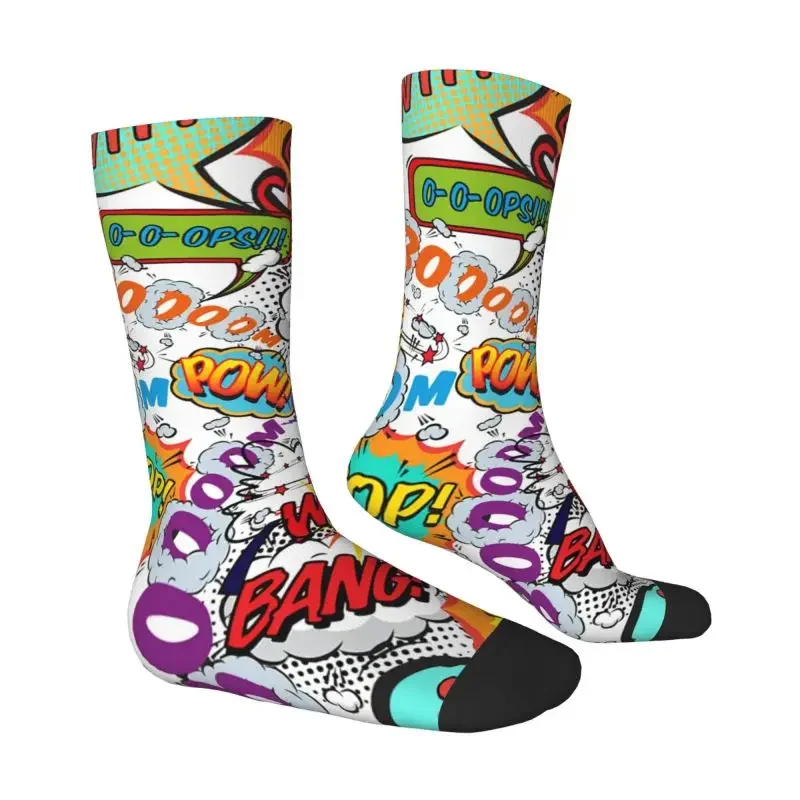 Custom Funny Printing Comic Book Fun Shout Outs Socks for Women Men Stretchy Summer Autumn Winter Graffiti Design Crew Socks