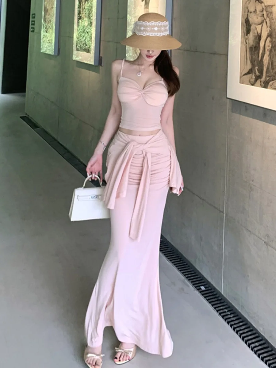 

Sexy Knitted Wrap Long Sleeve Sun Protection Open Cardigan Bodycon Fish Tail Skirt Set Women Pure Desire Style Summer Fashion