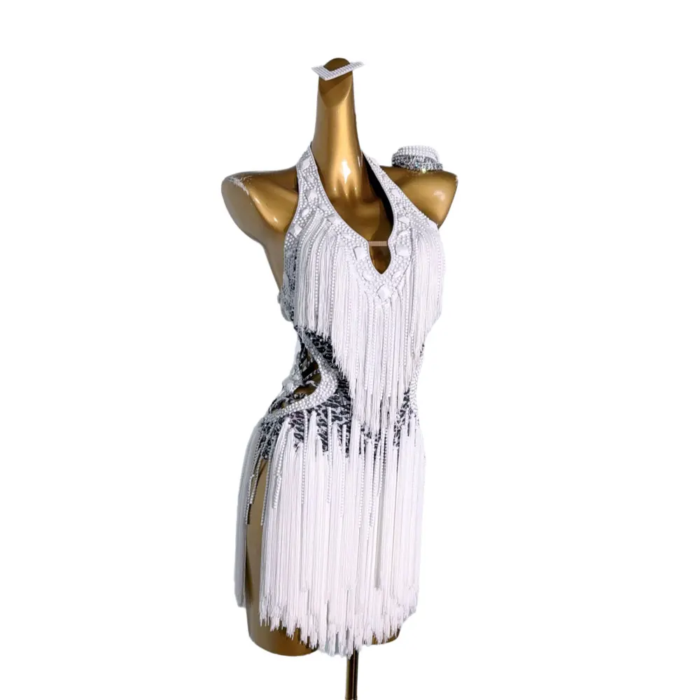 

Latin Dance Costume AB Stone Female Adult Children High-End Customized White Tassel Samba Performance Dress