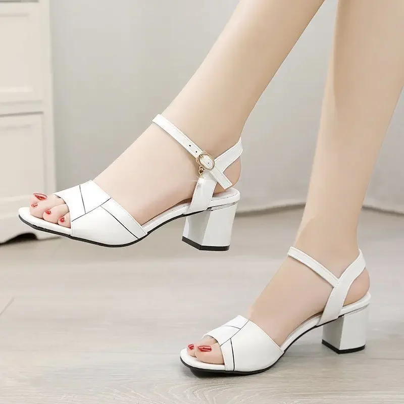 2023 Open Toe Women Chunky Heels Shoes Casual Women\'s Sandals Black White Female Fashion Buckles Fish Mouth Womens Sandal 34-40