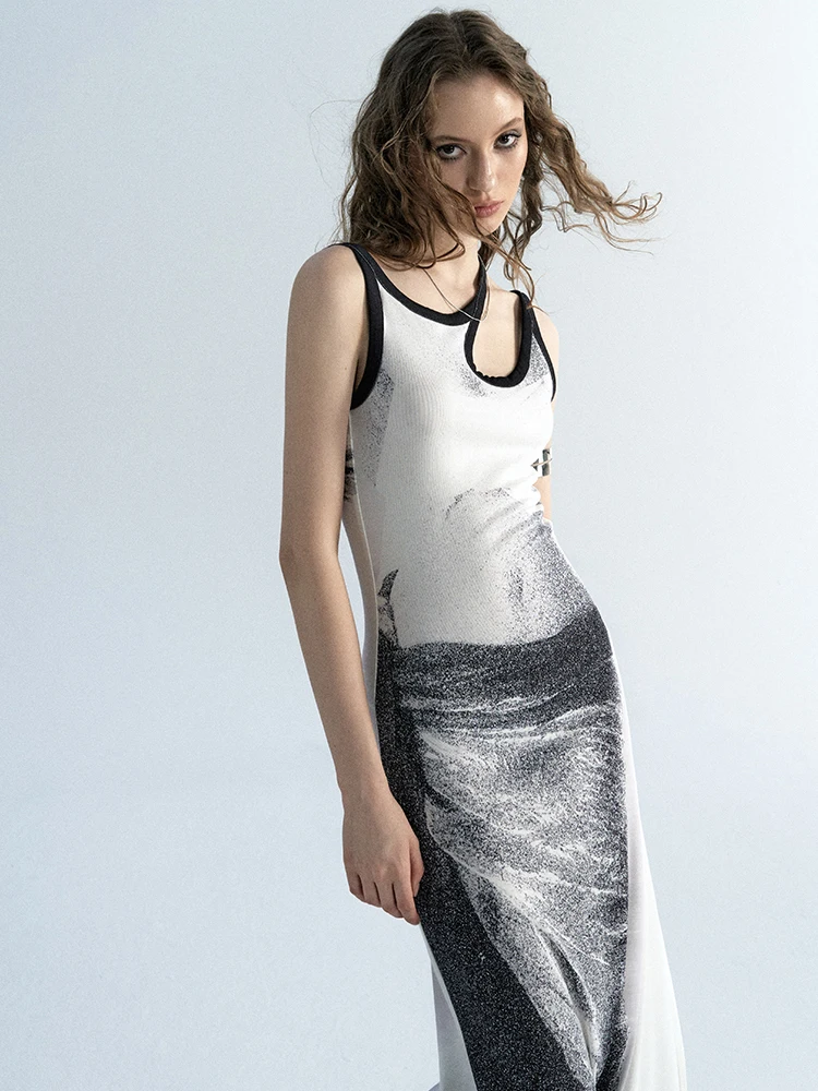 CHEERART Optische Täuschung Cut Out Langes Kleid Für Frau 2025, Sommer Ärmellose A-linie Tuniken Midi Kleid Designer High Fashion