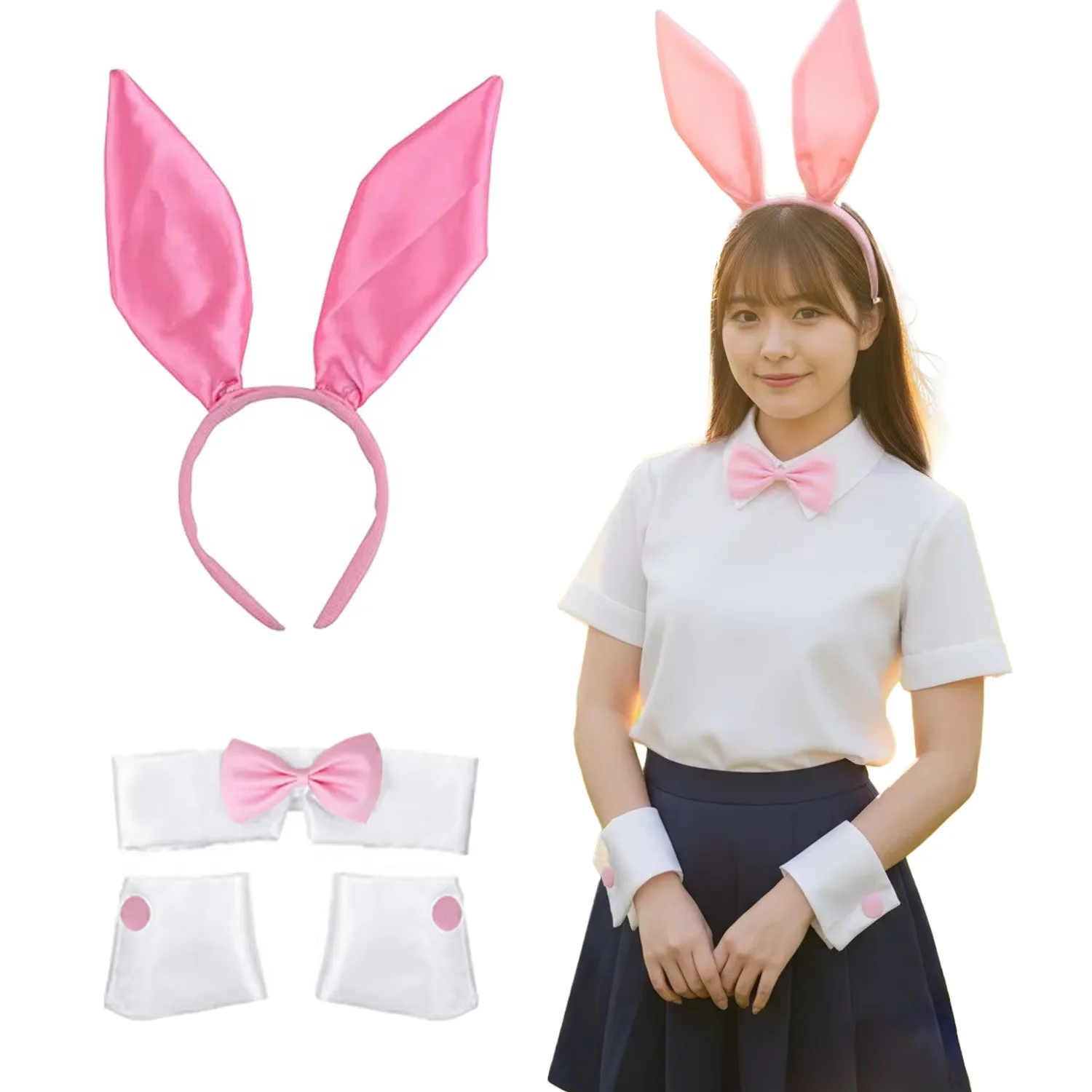 อุปกรณ์เสริมชุดสตรี PESENAR: ชุดกระต่ายสาวสีชมพู, ที่คาดผมสองชิ้น, ปลอกแขน, ชุดผูกโบว์