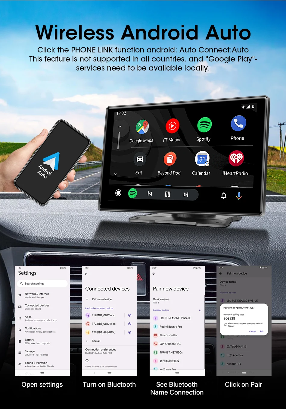 Srnubi Universal 7"9"10" Zoll Auto Wireless Carplay & Android Auto Navigation Rückspiegel FM AUX Multimedia Touchscreen Monitor – Detail 9