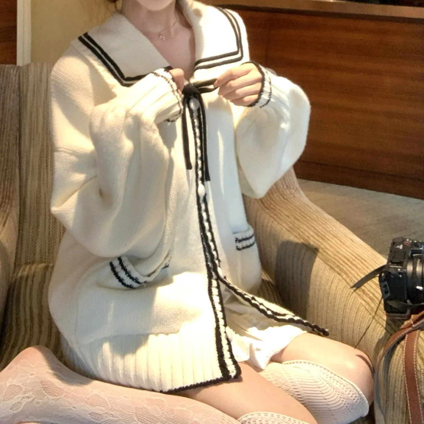 فضفاضة تناسب سترة مشغولة من الصوف المرأة الخريف الشتاء نمط جديد بولو طوق سترة سترة الكورية كلية نمط البحرية طوق