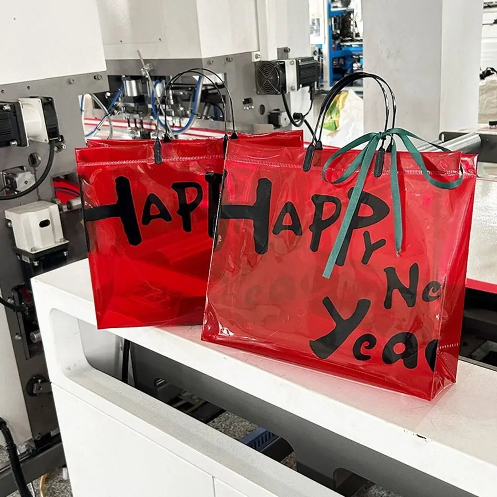 Bolsa de regalo roja transparente para hombre, bolsa de embalaje festiva de Año Nuevo, bolsa de compras transparente con letras, bolsa de compras ecológica