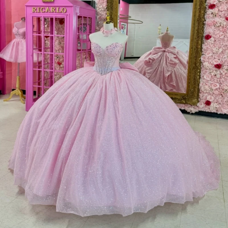 

Pink Shiny Quinceanera Dresses Off Shoulder Ball Gown Sweet 16 Dress Sequin Beading Crystal Bow Corset Tull Birthday Party Vesti