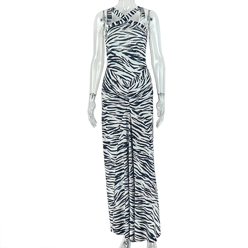 Damen Zebra-Print Bodycon Maxikleid mit Kreuzträgern, Neckholder, Ärmellos, Rückenfrei, Figurbetont, Langes Partykleid, Nachtclub-Streetwear – Detail 7