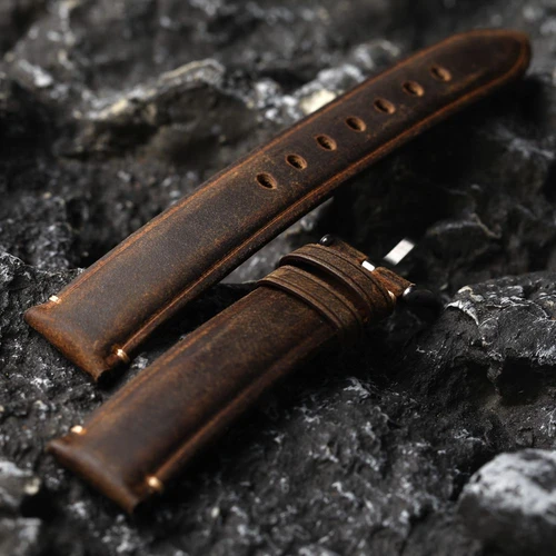 Imagen 2 del producto Correa de reloj de piel de vaca con capa de cabeza hecha a mano, 18 19 20 21 22MM marrón, pulsera de cuero cepillado vintage, correa de reloj gruesa para hombre