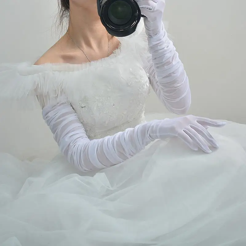 Black silk white silk gloves with extra long high elastic lace mesh translucent perspective black wedding dress touch screen