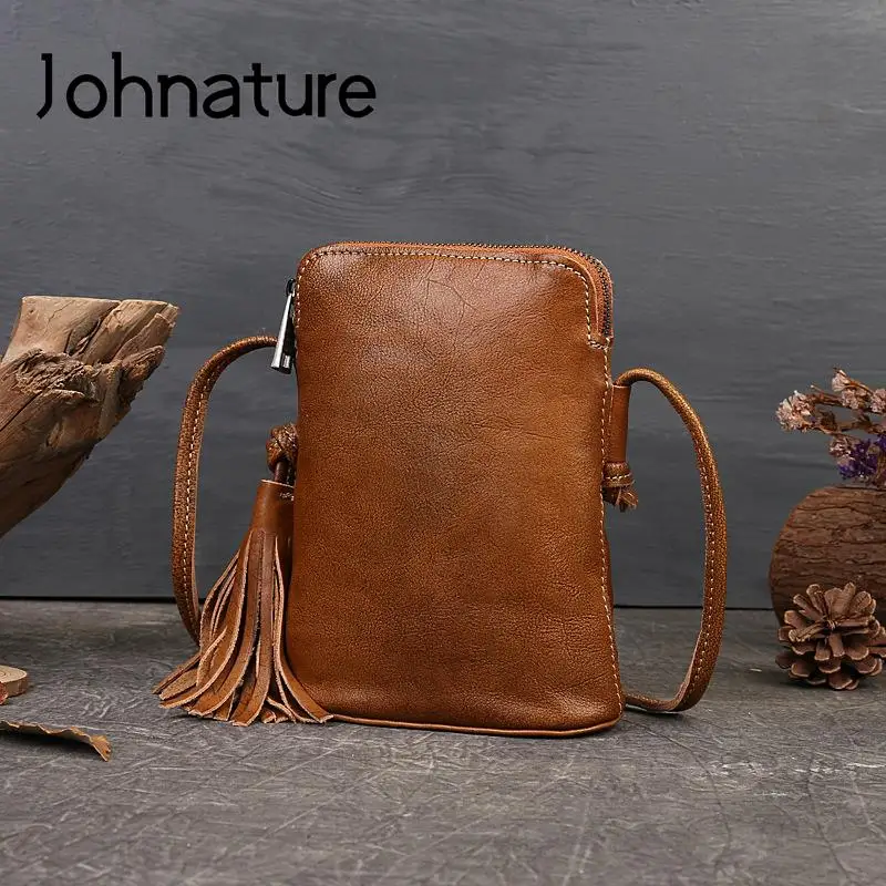 

Johnature Retro Genuine Leather Small Bag Women 2024 New Natural Soft Real Cowhide Tassel Mobile Phone Shoulder & Crossbody Bags