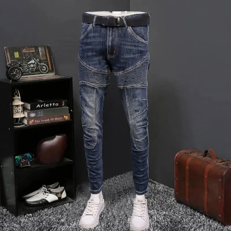 

2023 Men's Trendy Motorcycle Denim Jeans Blue High Street Stacked Denim Patchwork Men Jean Without Belt Stacked Jeans Hombre