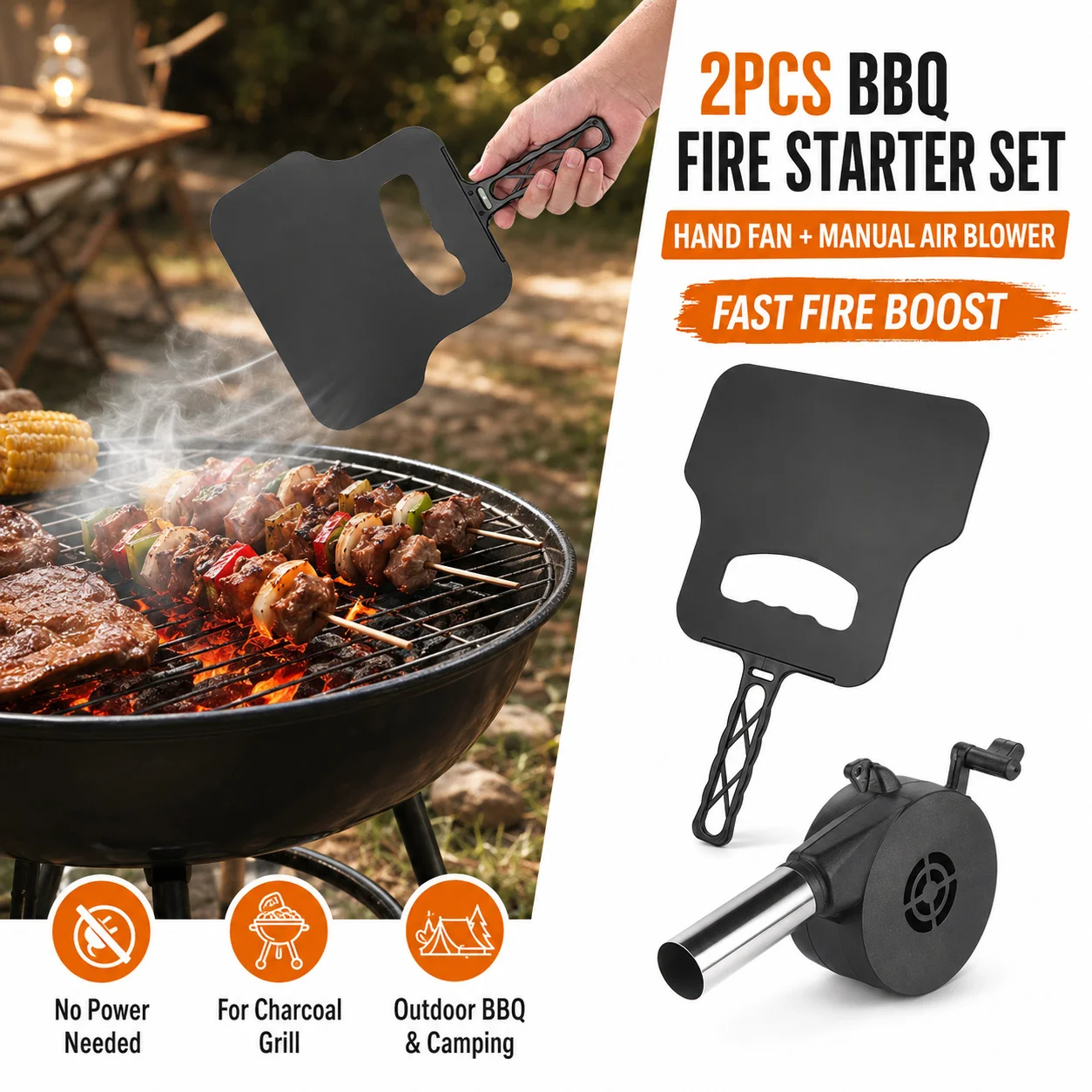2Pcs Manual BBQ Air Blower And Hand Fan Set, Portable Charcoal Fire Starter For Grill Campfire Picnic Outdoor Cooking