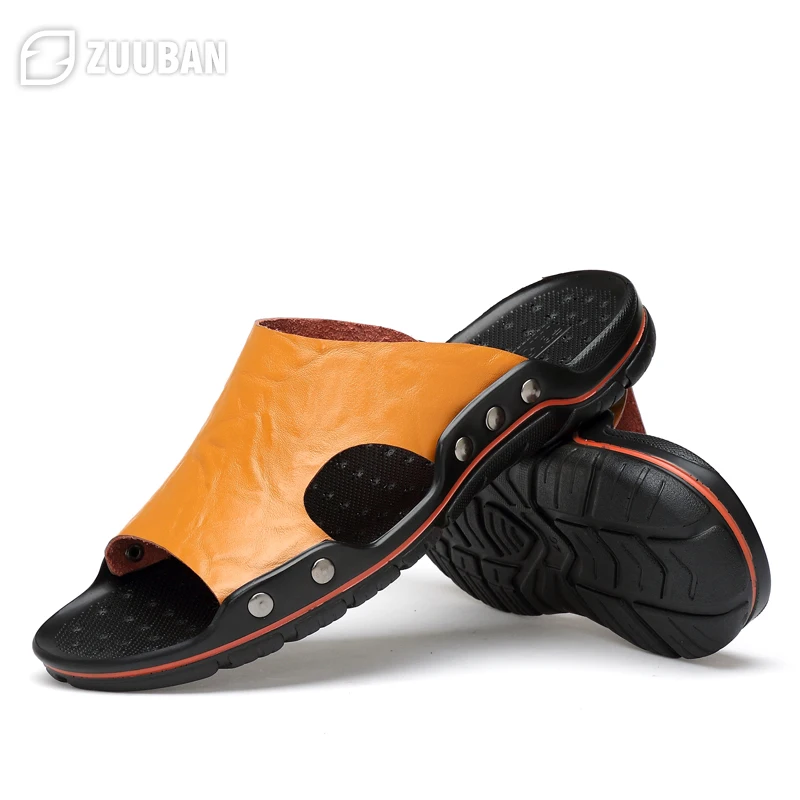 Mens Slippers Outdoor Summer Genuine Leather Slides for Men Couple Non-slip Women Home Fashion Casual Single Shoes Large Size