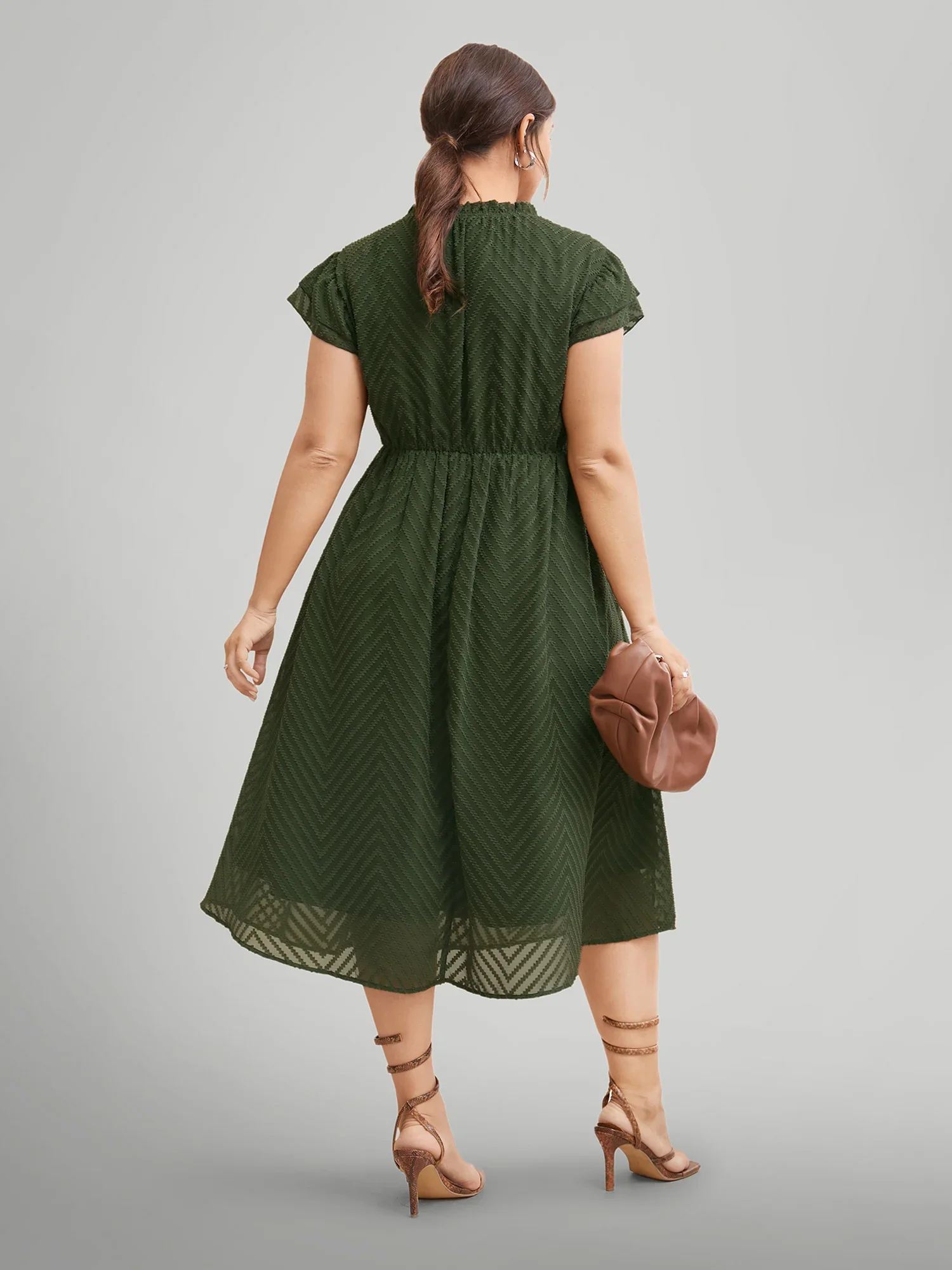 Solid geometric tiered sleeve pocket ruffle turtleneck dress, no belt