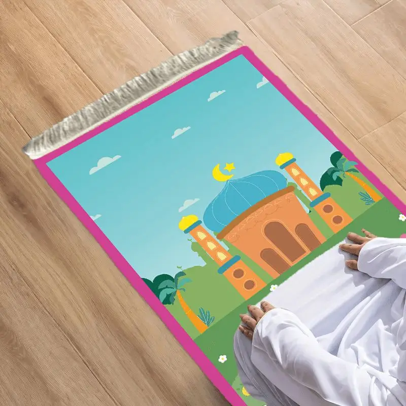 VIKAMA Fresh Blue Sky Cartoon Star Moon Mosque Arch Worship Carpet Wear resistant Portable Home Worship Mosque Pilgrimage