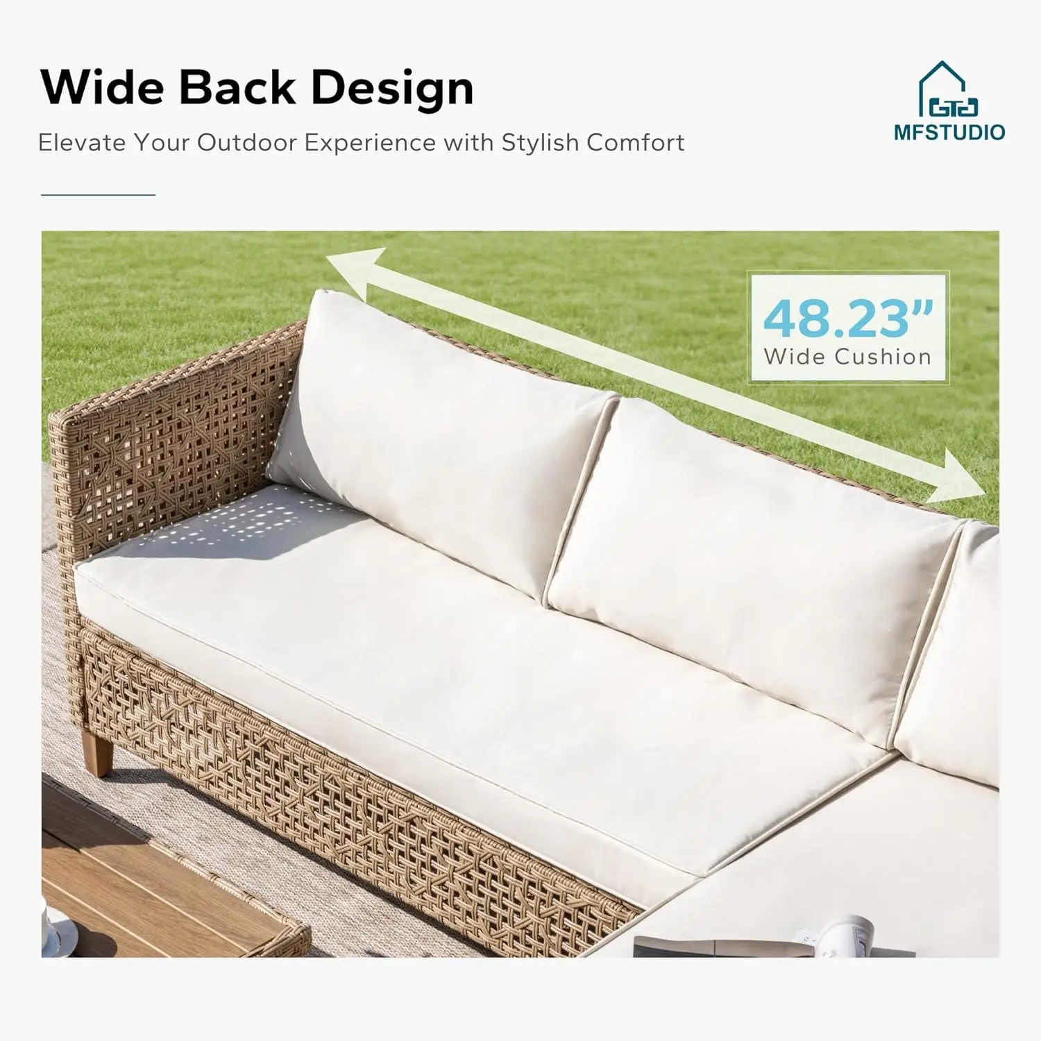 Set Sofa Seksional Rotan Patio 3 Buah, Set Furnitur Sofa Kecil Bentuk L untuk Luar Ruangan dengan Meja Kayu dan 2 Sofa Bangku, 3-Buah