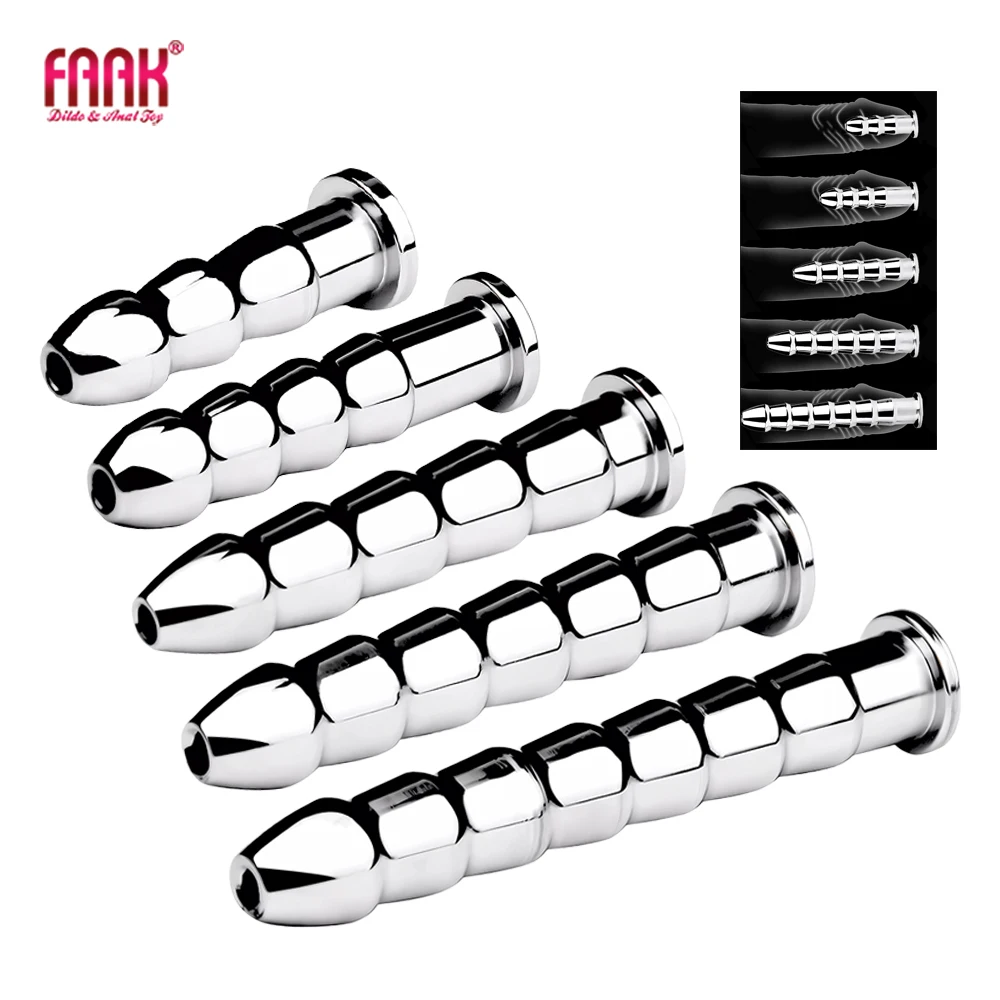 FAAK Ribbed Stainless Steel Hollow Penis Urethral Plug Ejaculation Delay Sex Toys For Men Size XXL Products Male Masturbator