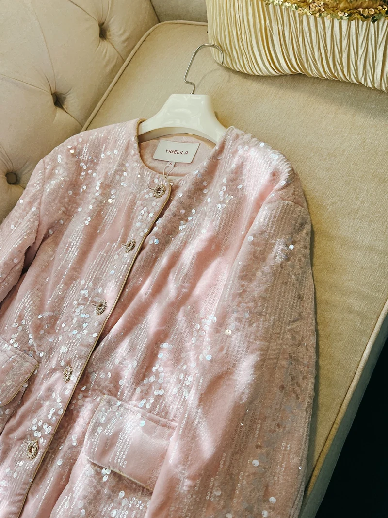 LingzhiWusis Autumn Winter Luxury Sequins Embroidery Velvet Pink Coat Padded Cotton Top Elegant Top Quality Ladies Outerwear New