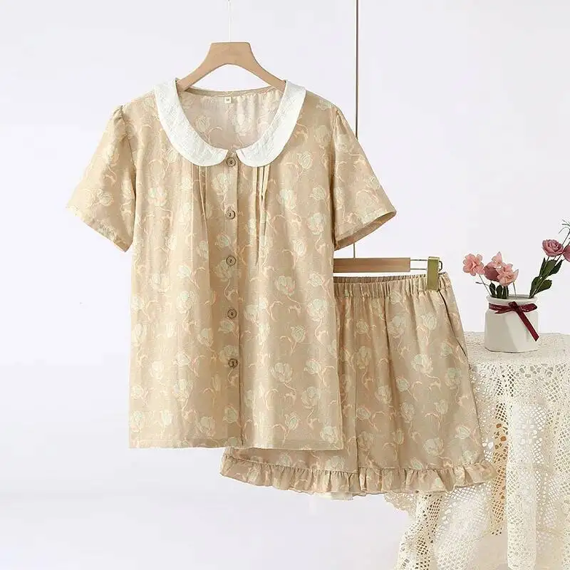 المرأة الصيف طبقة مزدوجة القطن جولة الرقبة سترة قصيرة الأكمام السراويل المطبوعة ملابس المنزل بيجامة البدلة