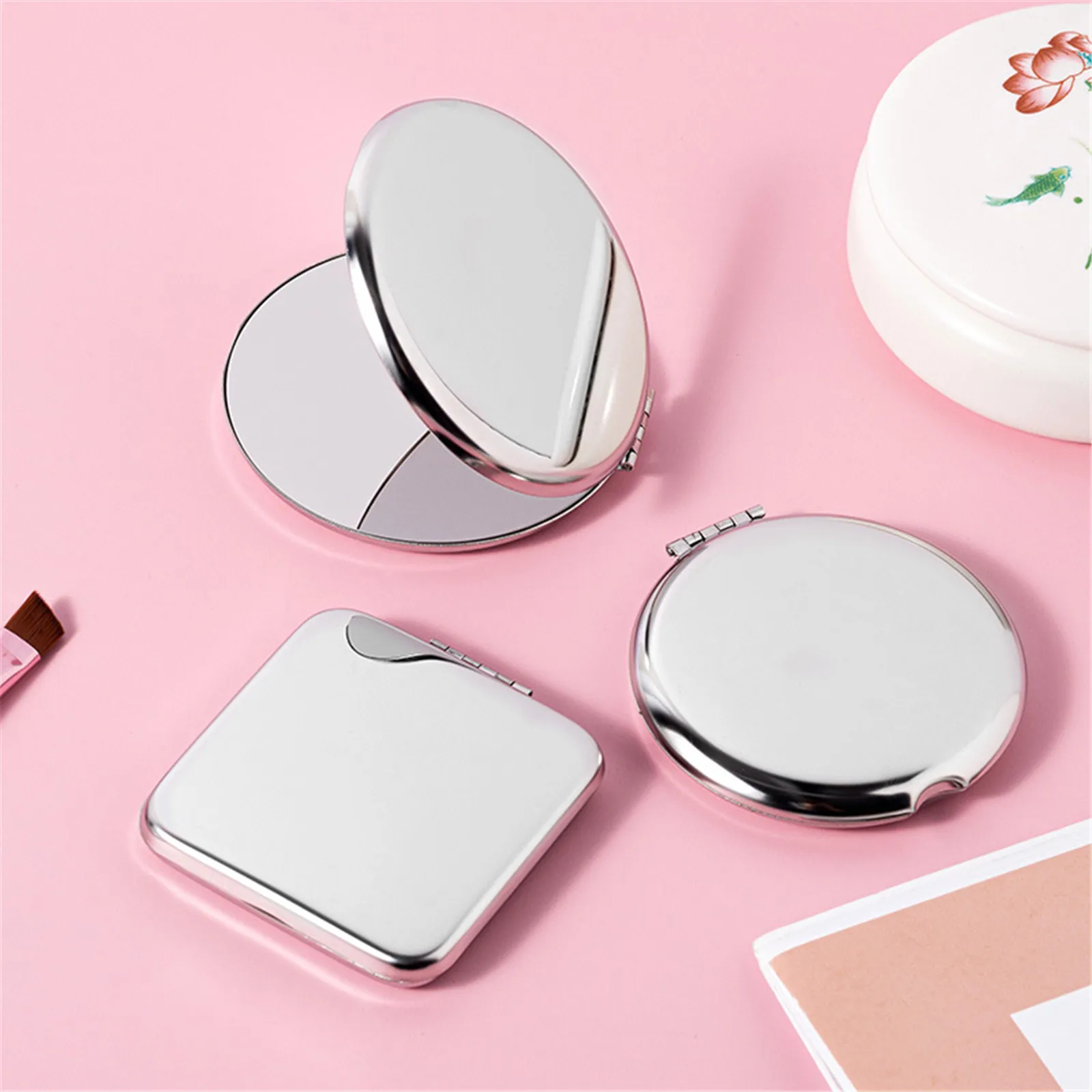 Miroir cosmétique double face portable en acier inoxydable pour femme, miroir de maquillage rectangulaire, rond, pliant, déterminer le métal