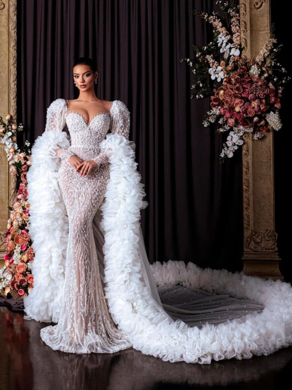 Mode perles robes De mariée paillettes sirène robes De mariée avec Train voir à travers robe De mariée personnalisée robes De Novia