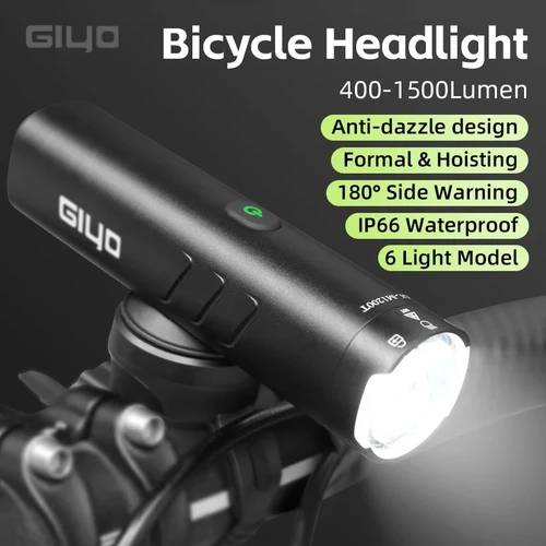 Imagen 1 del producto Giyo 400-1500LM iluminación delantera de bicicleta faro estándar alemán lente giratoria carga USB IP66 impermeable antideslumbrante luz de bicicleta