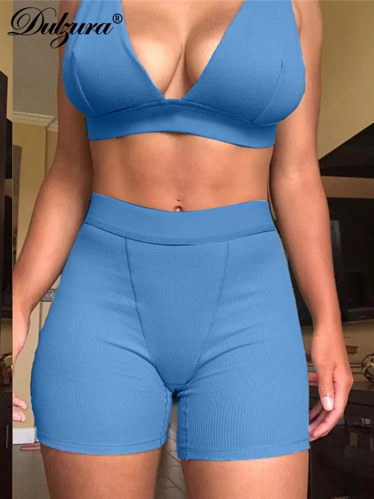 Dulzura prążkowany Patchwork damski zestaw dwuczęściowy biustonosz krótki Top spodenki dla motocyklisty garnitury Bodycon seksowna sukienka