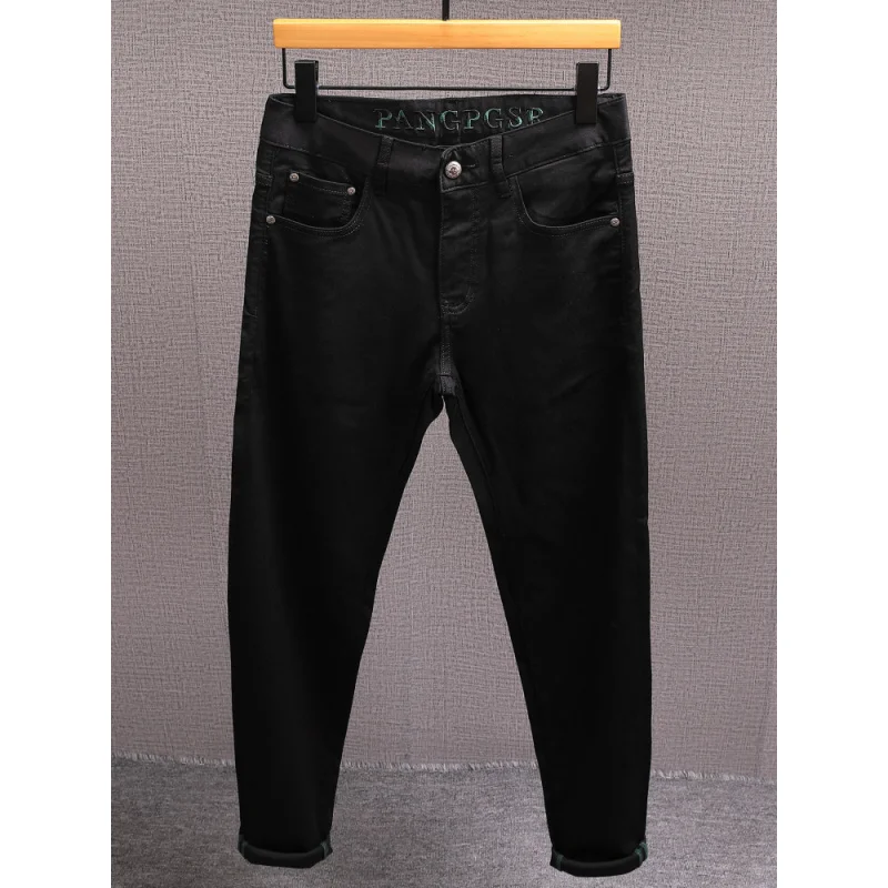 Летние черные джинсы, мужские элитные легкие роскошные модные эластичные маленькие повседневные брюки прямого кроя