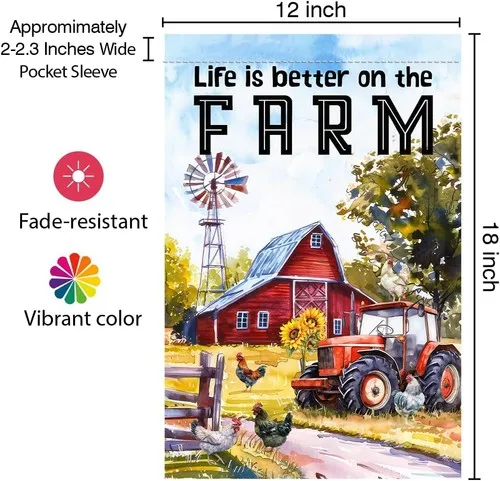 Life Is Better On The Farm - Funny Farm Garden Flag - Red Tractor, 12x18 XXQ