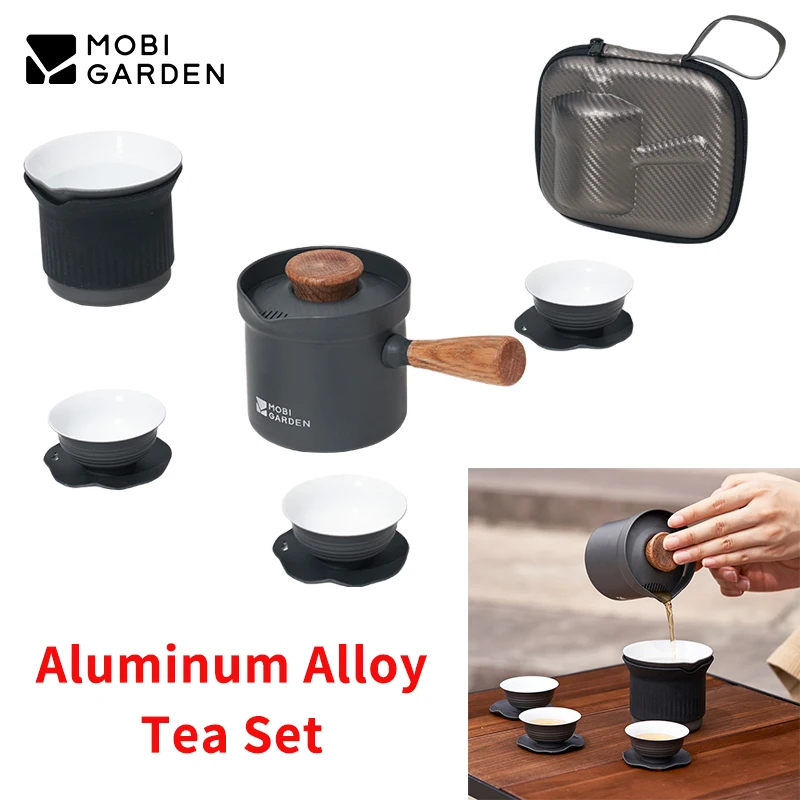 MOBI GARDEN Chinese Tea Set 4 Pcs Outdoor Camping Tea Service Aluminum Alloy Small Teacup Portable Storage Teapot Water Cup Gift