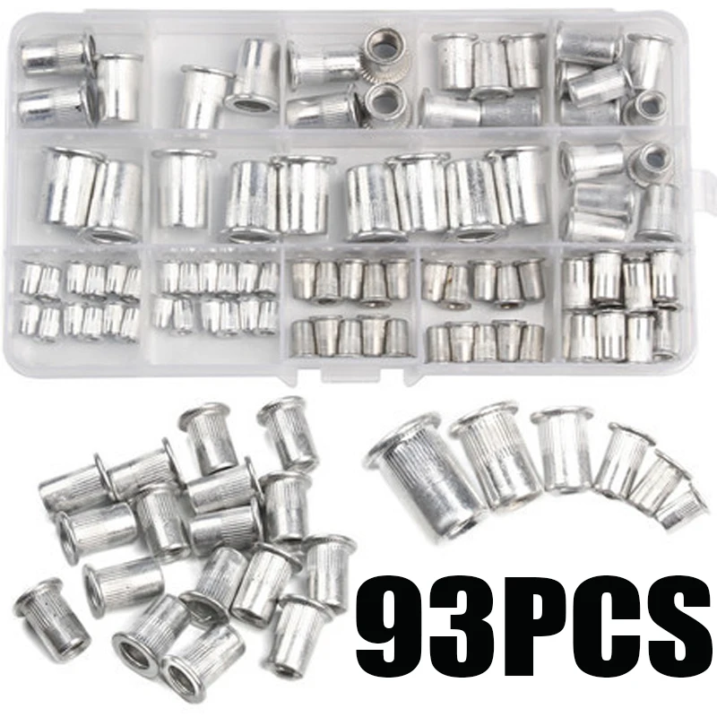 

93pcs Rivetnuts Aluminum Blind Set Nutserts Threaded Insert Nutsert Cap Flat Head Rivet Nuts Carbon Steel M3 M4 M5 M6 M8 M10