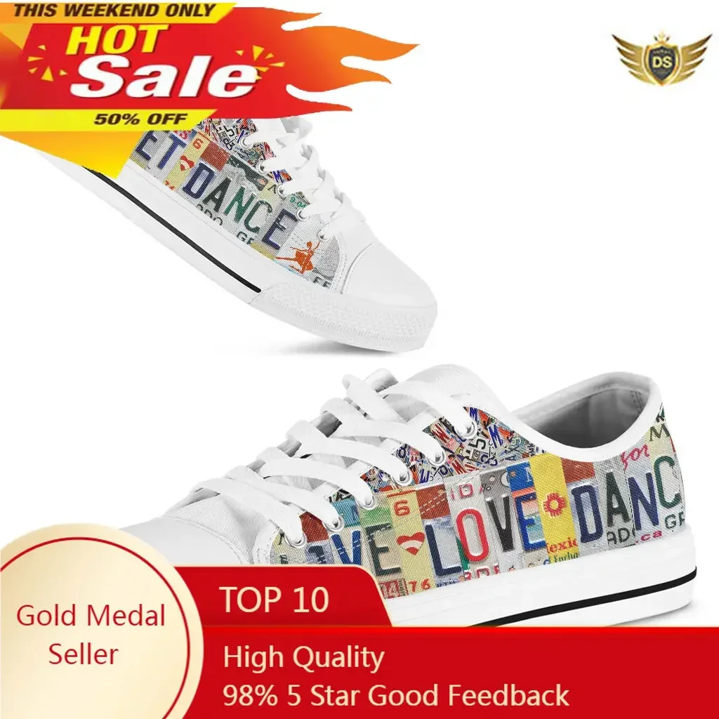 Live Love Ballet Dance Prints Women Casual Canvas Flats Classic White Vulicanized Sneakers Plus Size 45 46 Breathable Shoes