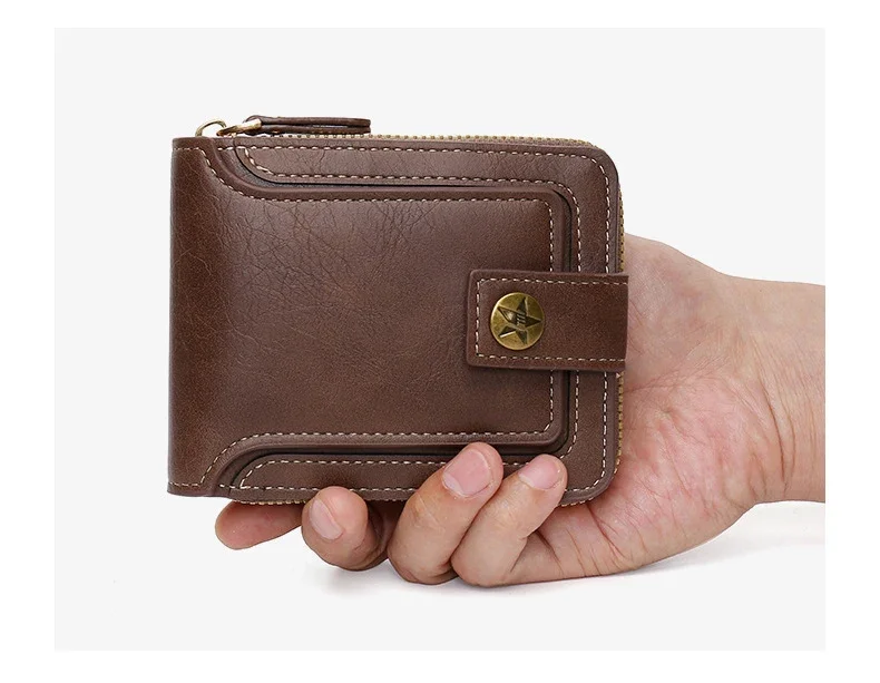 Kurze horizontale Reißverschluss-Münzfach dreifach gefaltetes Kartenetui Geldbörse Billetera Hombre Vintage Herren Hochwertiges PU-Leder Kleine Geldbörse – Detail 1