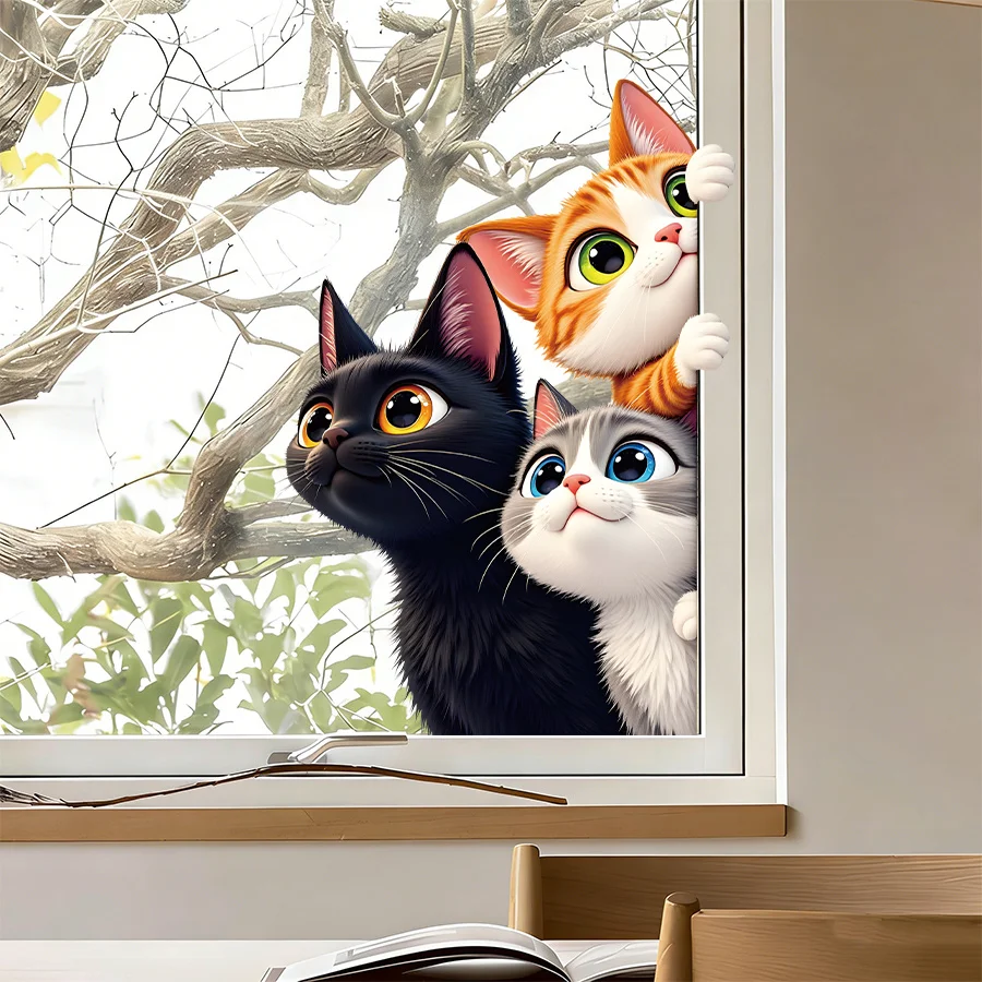 1 Sheet Curious Peeking Trio Cats Window Cling, Cute Black, Orange & Gray Kittens,Removable Static Window Decal, Window Film