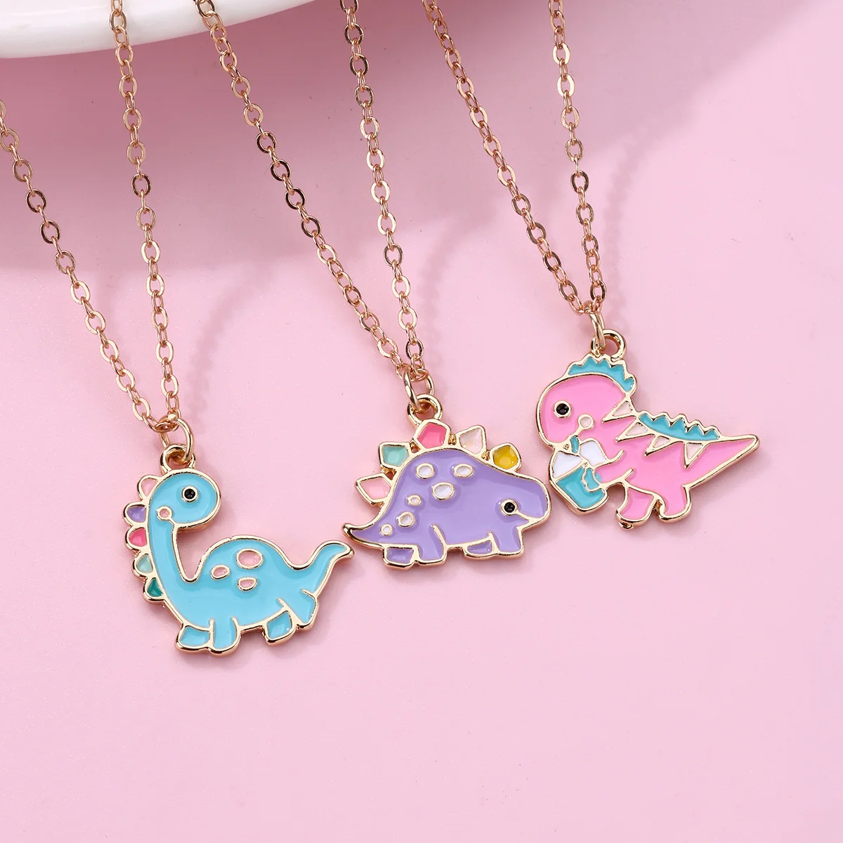 Lovecryst 3Pcs/set Cartoon Dinosaur Painted Alloy Best Friend Necklace BFF Friendship Jewelry Gifts for Kids