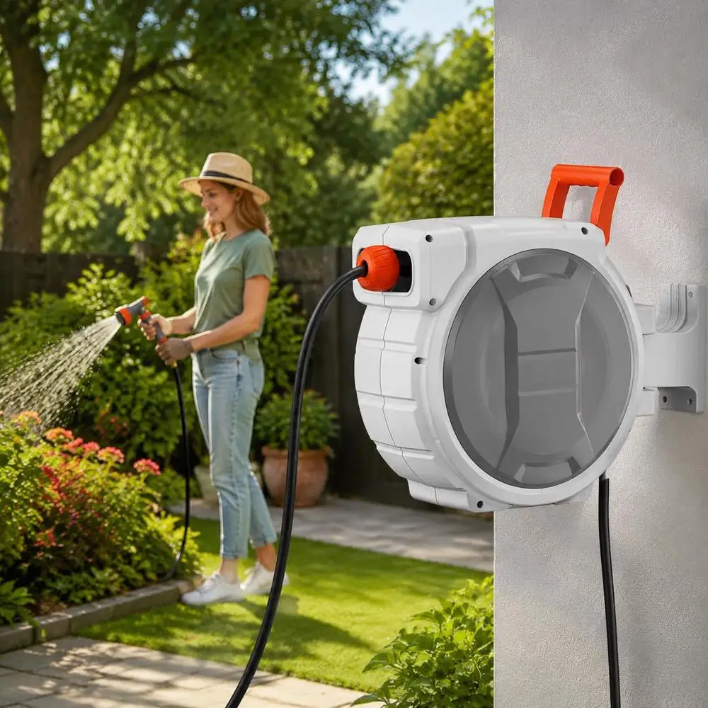Retractable Garden Hose Reel, 1/2 Inch X 65 Ft Wall Mounted Hose Reel, Heavy Duty Garden Hose Reel With 9 Patterns Nozzle, Any Length Lock, Upgraded Slow Return System And 180°Swivel Bracket