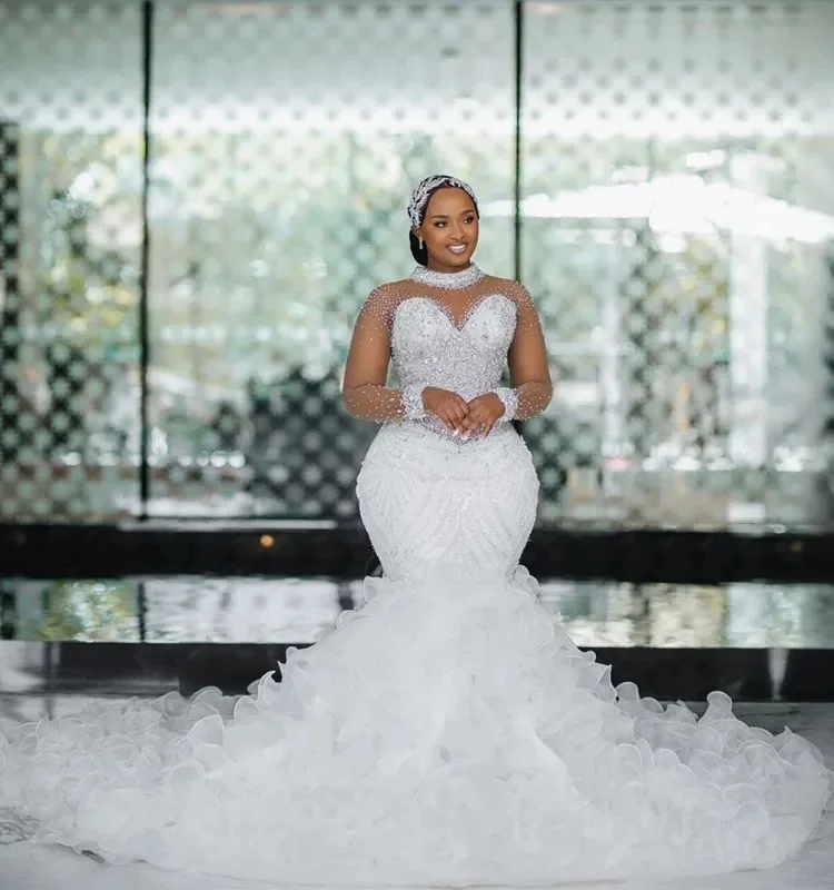 

Customized Plus Size Wedding Dresses Bridal Gowns Mermaid Bridal Gowns For Bride Long Sleeves High Neck Beaded Lace Crystals