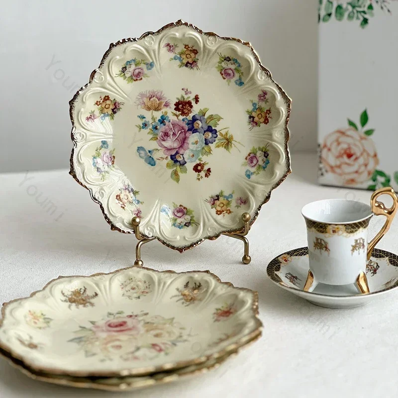 Vintage French Style Dining Plate Colorful Flower Ceramic Plates Elegant Afternoon Tea Dessert Flat Dishes Household Tableware