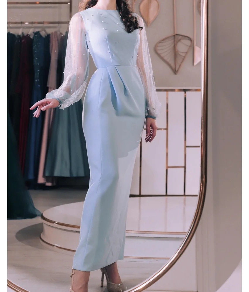 

Customized Delicate Jersey Straight Pearls Evening Dress High Quality O-neck Long Sleeves Ankle Length Celebrity Gowns