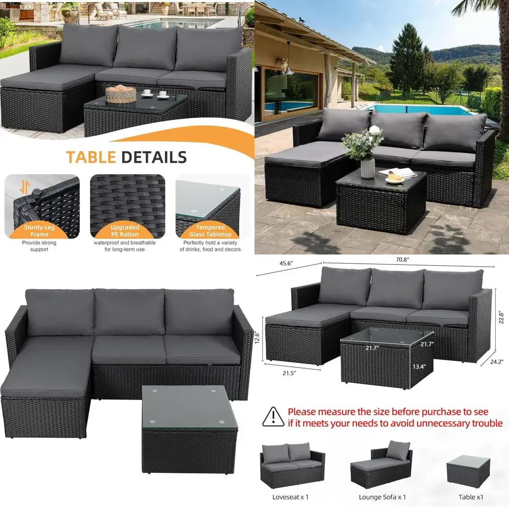 

All-Weather Outdoor Patio Sectional Set with Wicker Rattan Sofa, Cushions, and Coffee Table - Ideal for Garden, Porch, Poolside