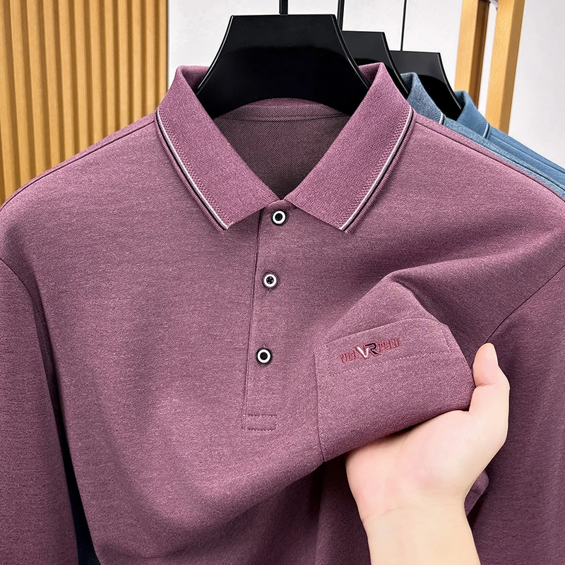Fashion New Pocket Men Polo Shirt Autumn Solid Color Containing Cotton Long Sleeve Pullover Tops Casual Versatile Men's Clothing