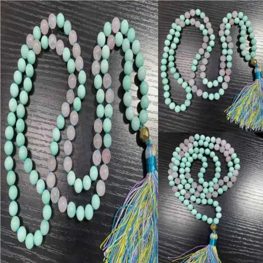 

8mm 108 Hand-knoted blue chalcone pink crystal mala necklace Tranquility Chakra Gift Stone Classic Crystal Religious Yoga Rustic